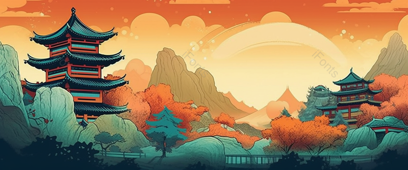 国潮风建筑与山水插画背景,插画/手绘图,插画/手绘图库,插画/手绘图下载,插画/手绘